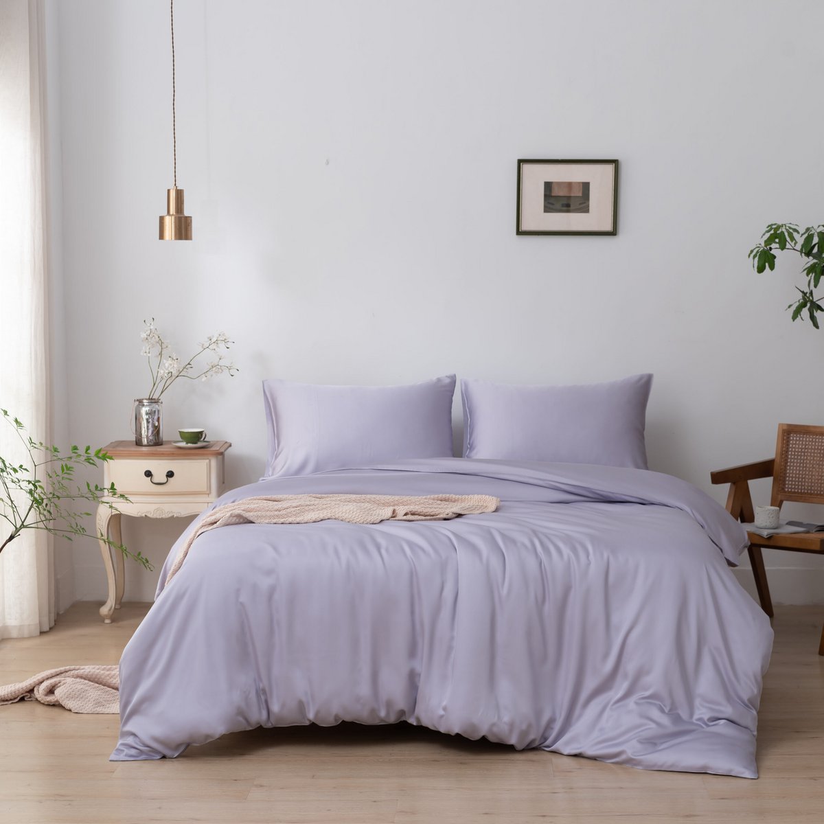 Lavender Mist bamboo bedding set on a fully made bed