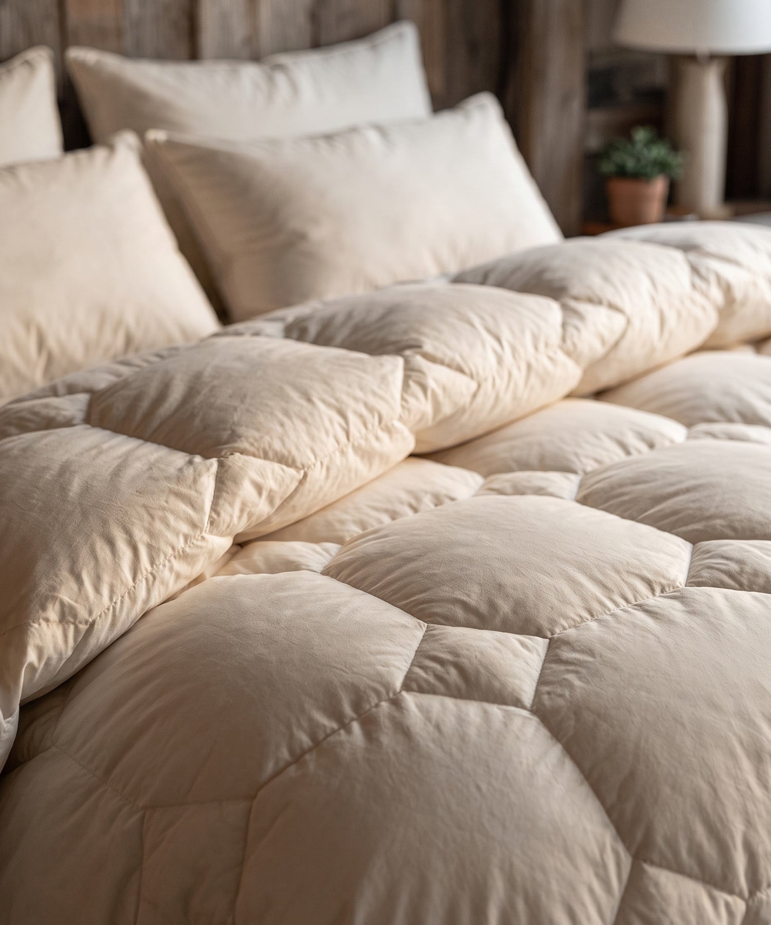 Nahaufnahme einer flauschigen, gesteppten Down Duvet und Kissen in warmen Cremetönen