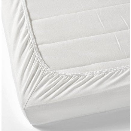Close-up of a white fitted sheet's elasticated corner (image shows white, not the beige colorway of this listing)
