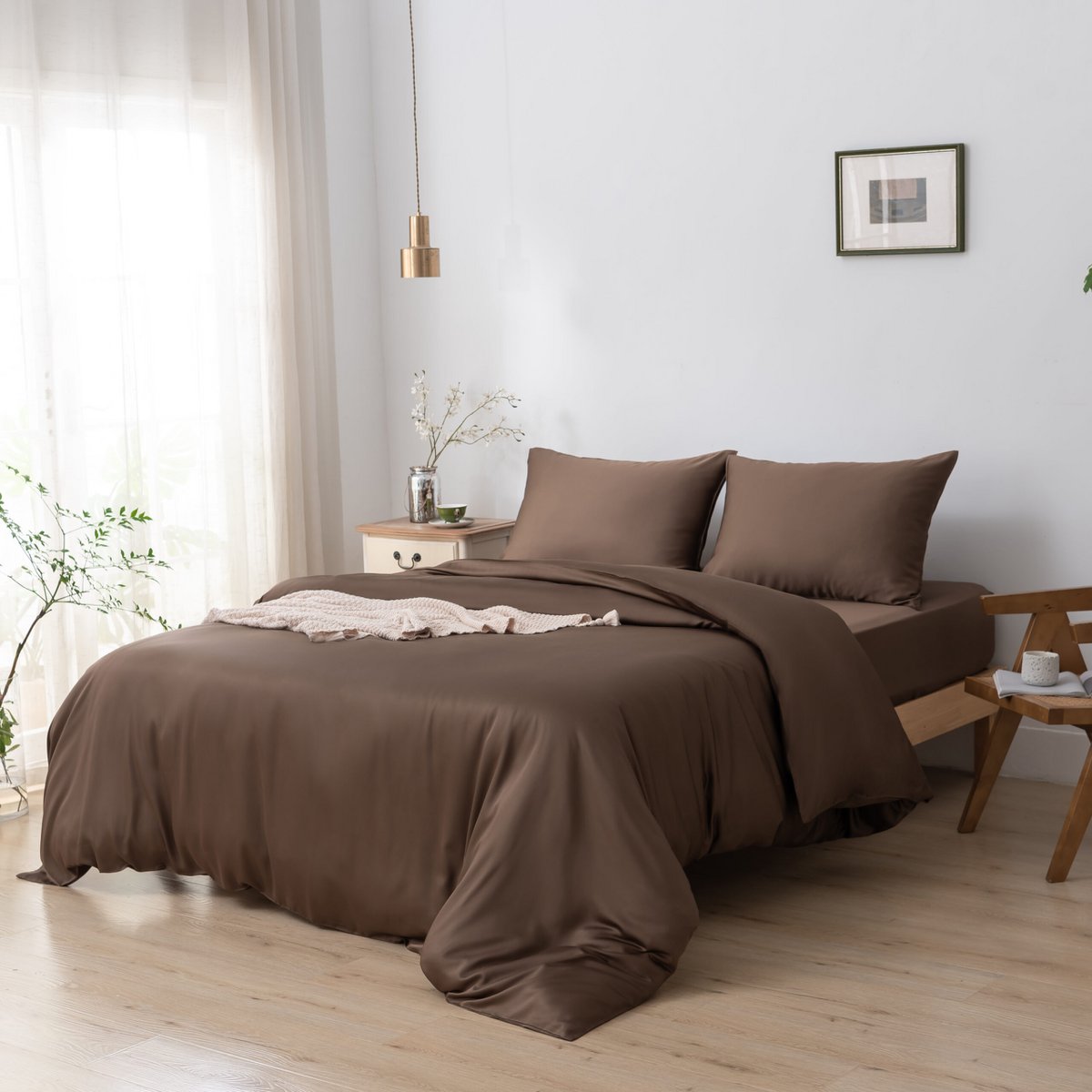 Coffee Brown bamboo bedding set on a wood-framed bed