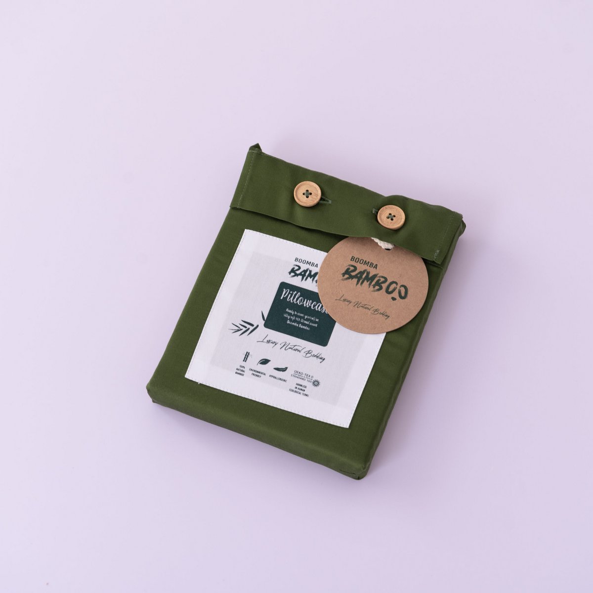 Deep Moss bamboo bedding set shown in its packaging