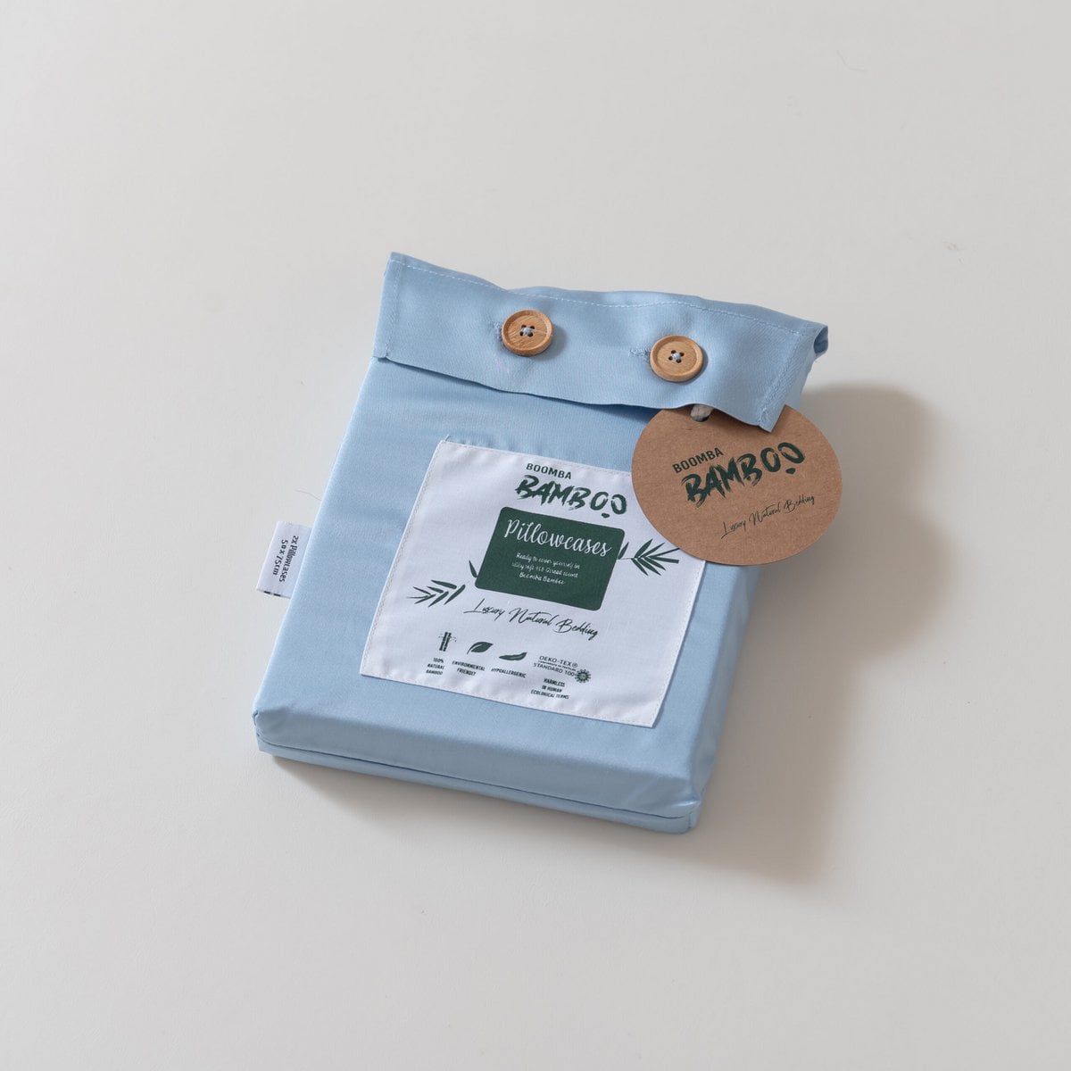 Sky Blue bamboo pillowcases shown with their packaging