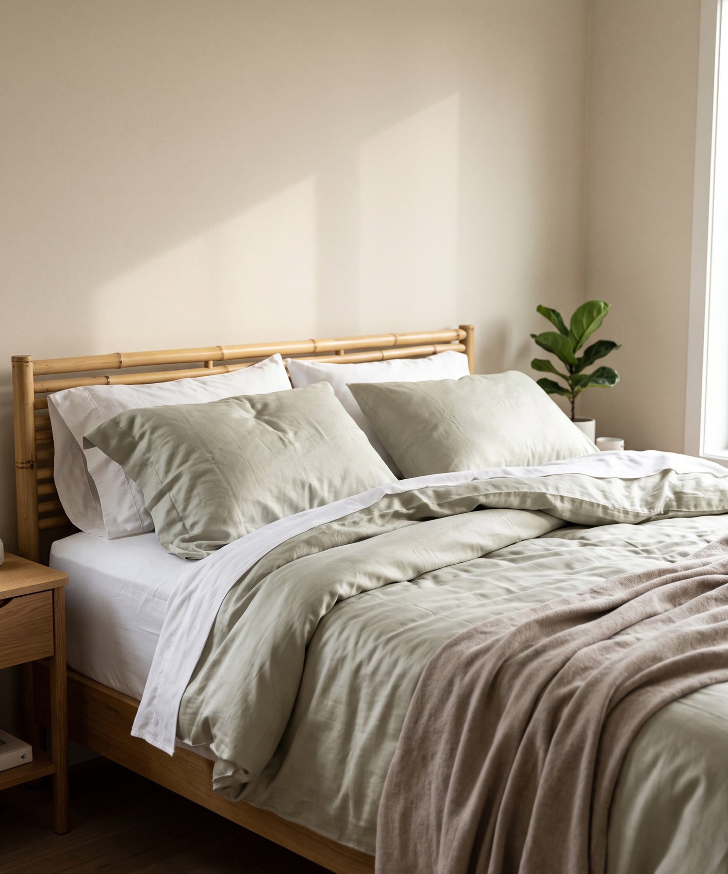 Sonnendurchflutetes Schlafzimmer mit Bambus-Bettgestell und weicher weißer Bamboo Bedding