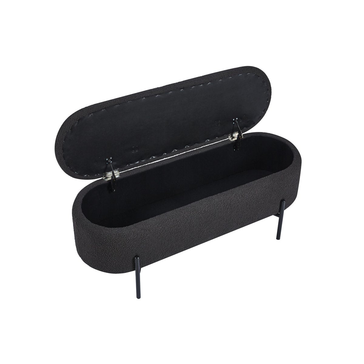 Anthracite bouclé storage bed bench with the lid open, angled view