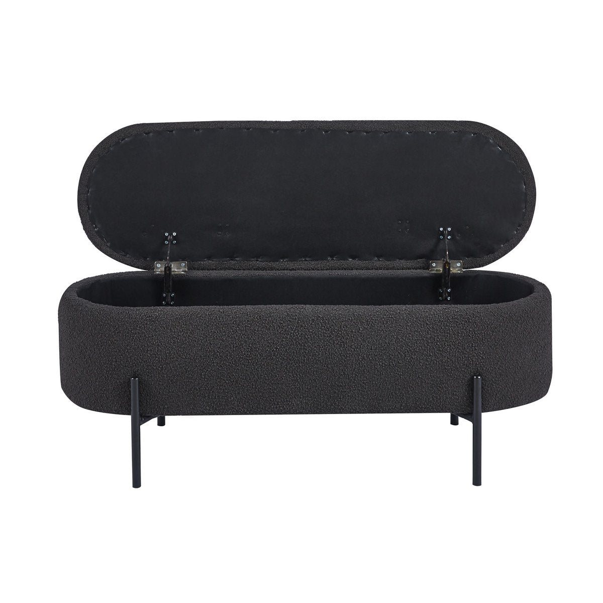 Anthracite bouclé storage bed bench with the lid open, showing the storage space