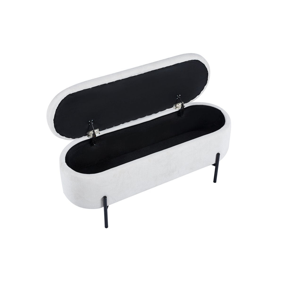 Beige corduroy storage bed bench with the lid open, angled view