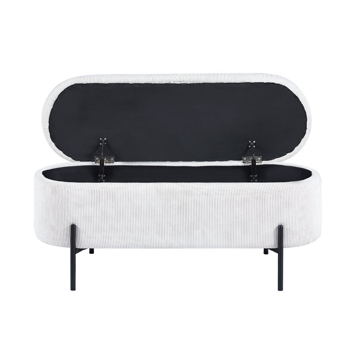 Beige corduroy storage bed bench with the lid open, showing the storage space