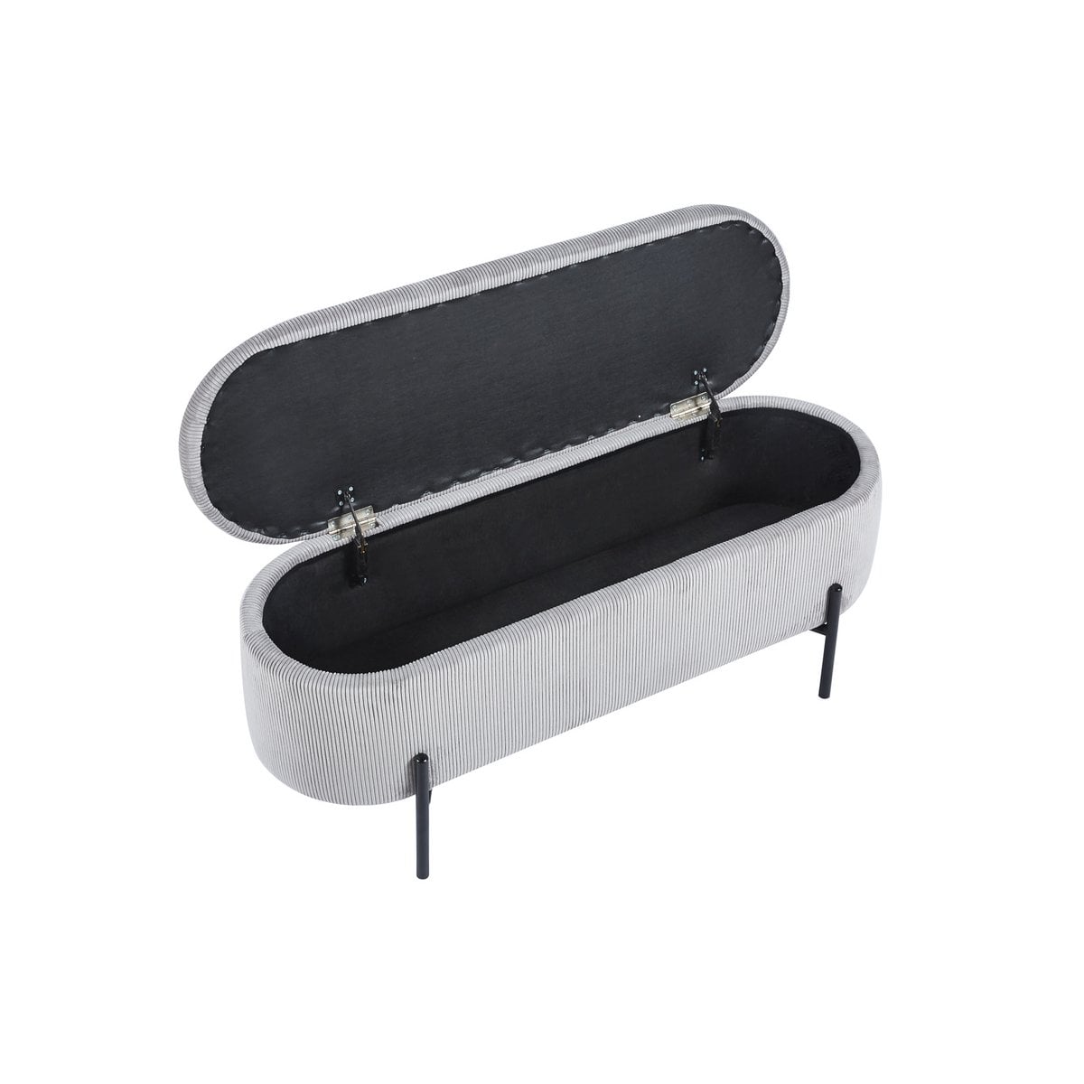 Light grey corduroy storage bed bench with the lid open, angled view