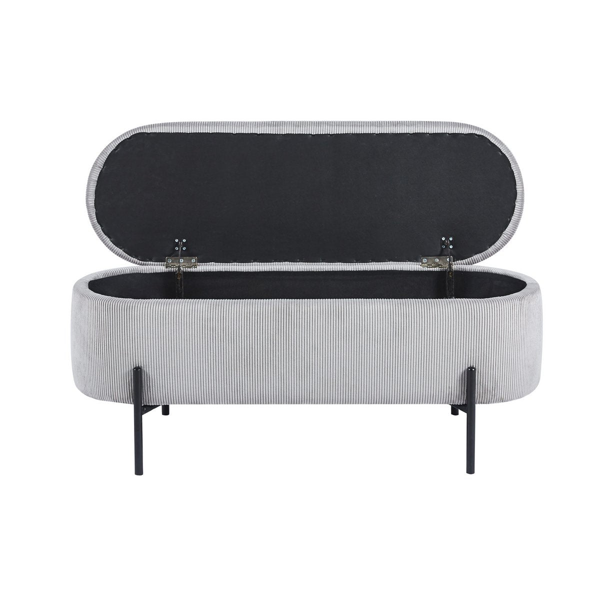 Light grey corduroy storage bed bench with the lid open, showing the storage space