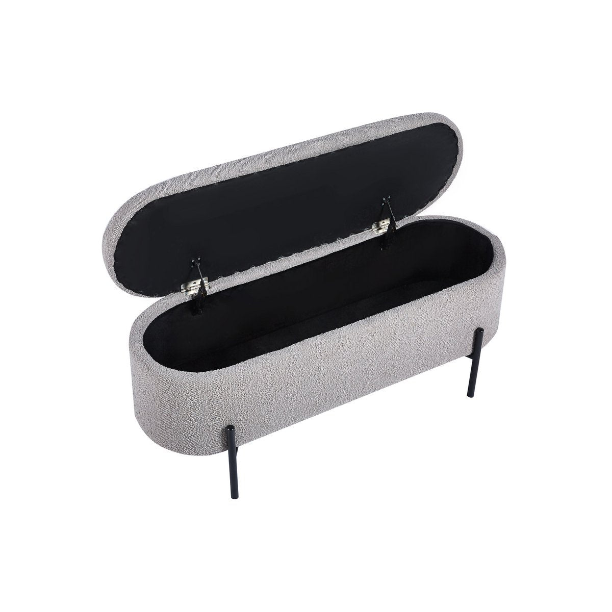 Taupe bouclé storage bed bench with the lid open, angled view