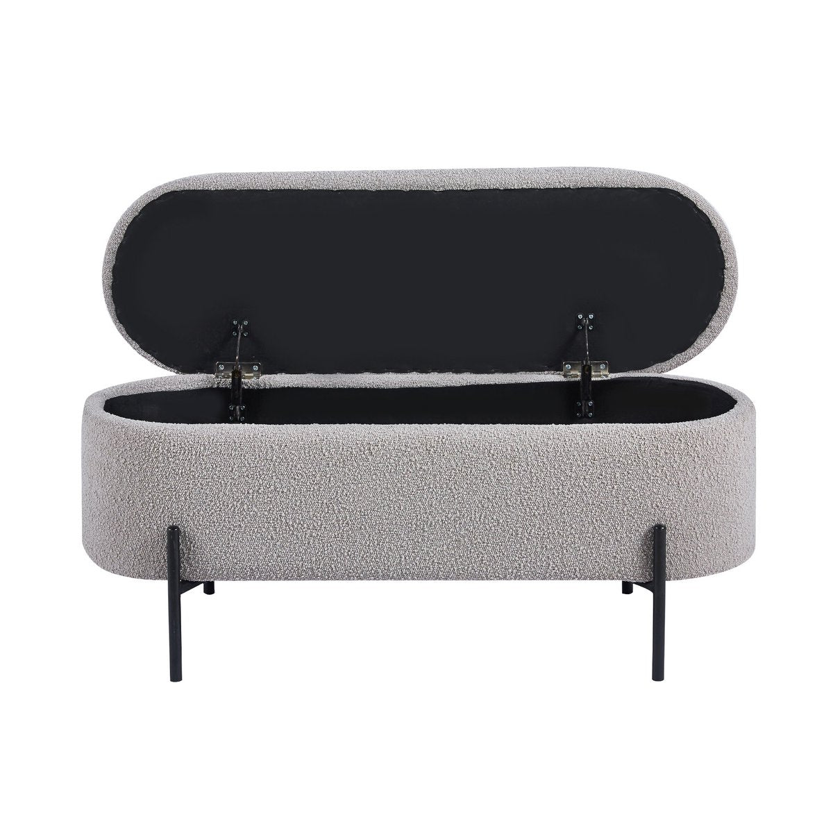 Taupe bouclé storage bed bench with the lid open, showing the storage space