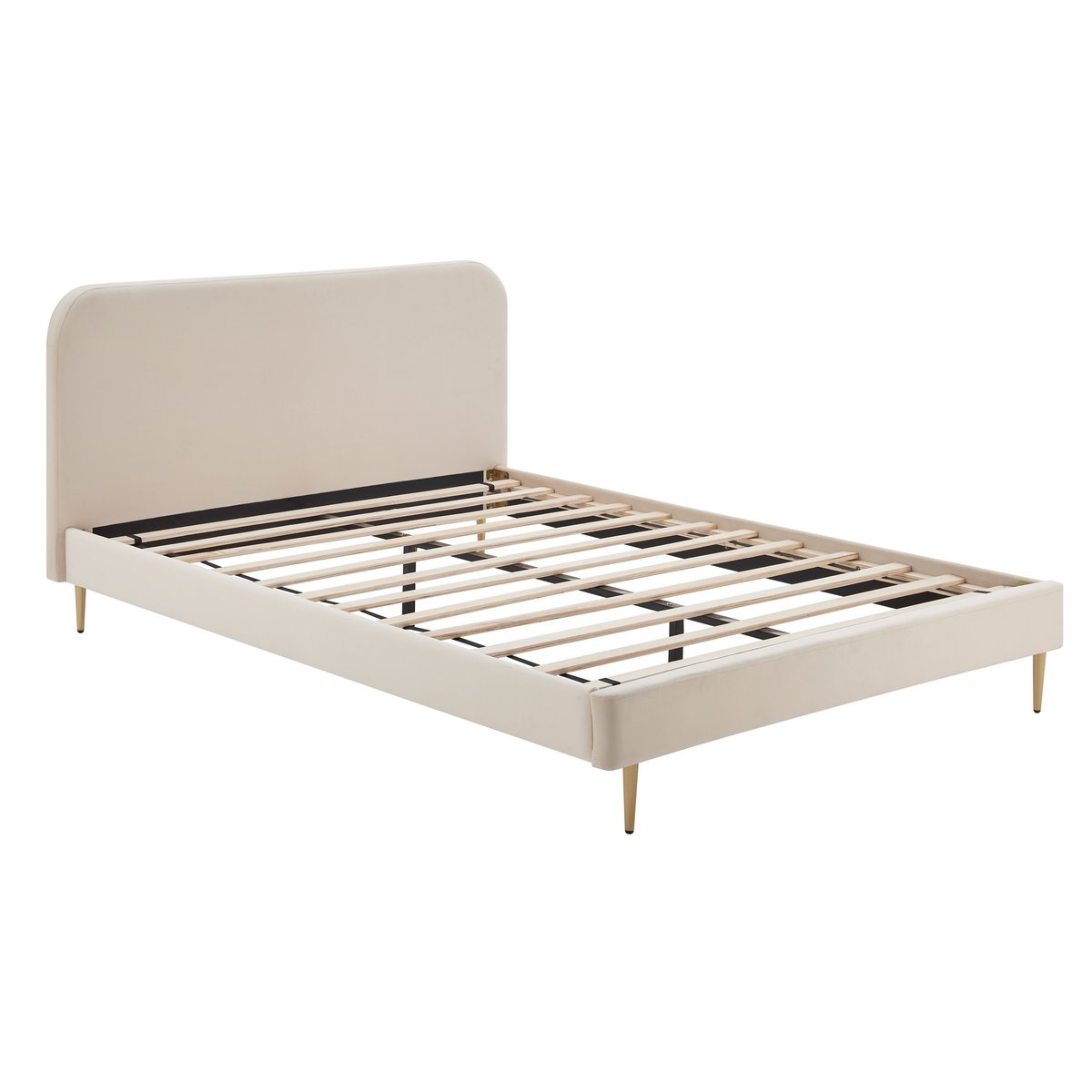 Upholstered bed with beige velvet cover and gold-painted steel feet, 140×200 cm, angled view showing the slatted frame