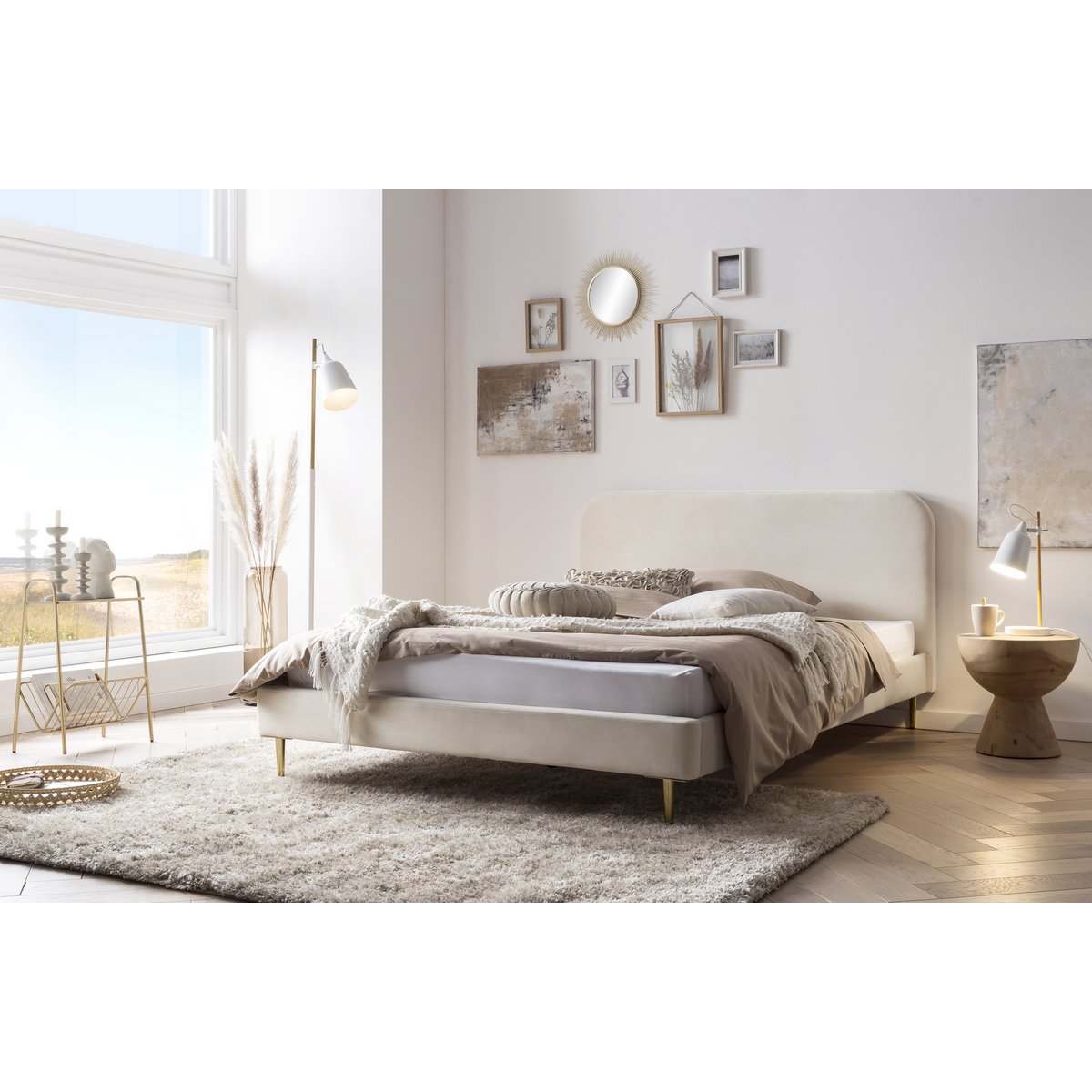 Beige velvet upholstered bed 140×200 cm styled in a bright bedroom