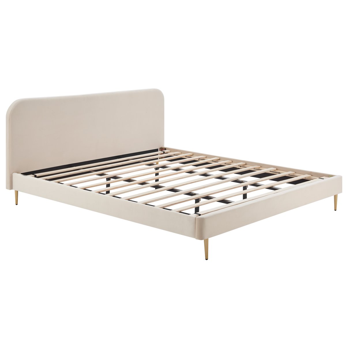 Upholstered bed with beige velvet cover and gold-painted steel feet, 180×200 cm, angled view showing the slatted frame