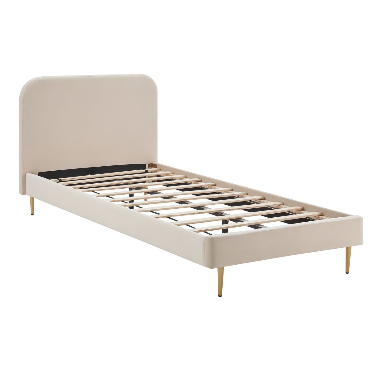 Upholstered bed with beige velvet cover and gold-painted steel feet, 90×200 cm, angled view showing the slatted frame