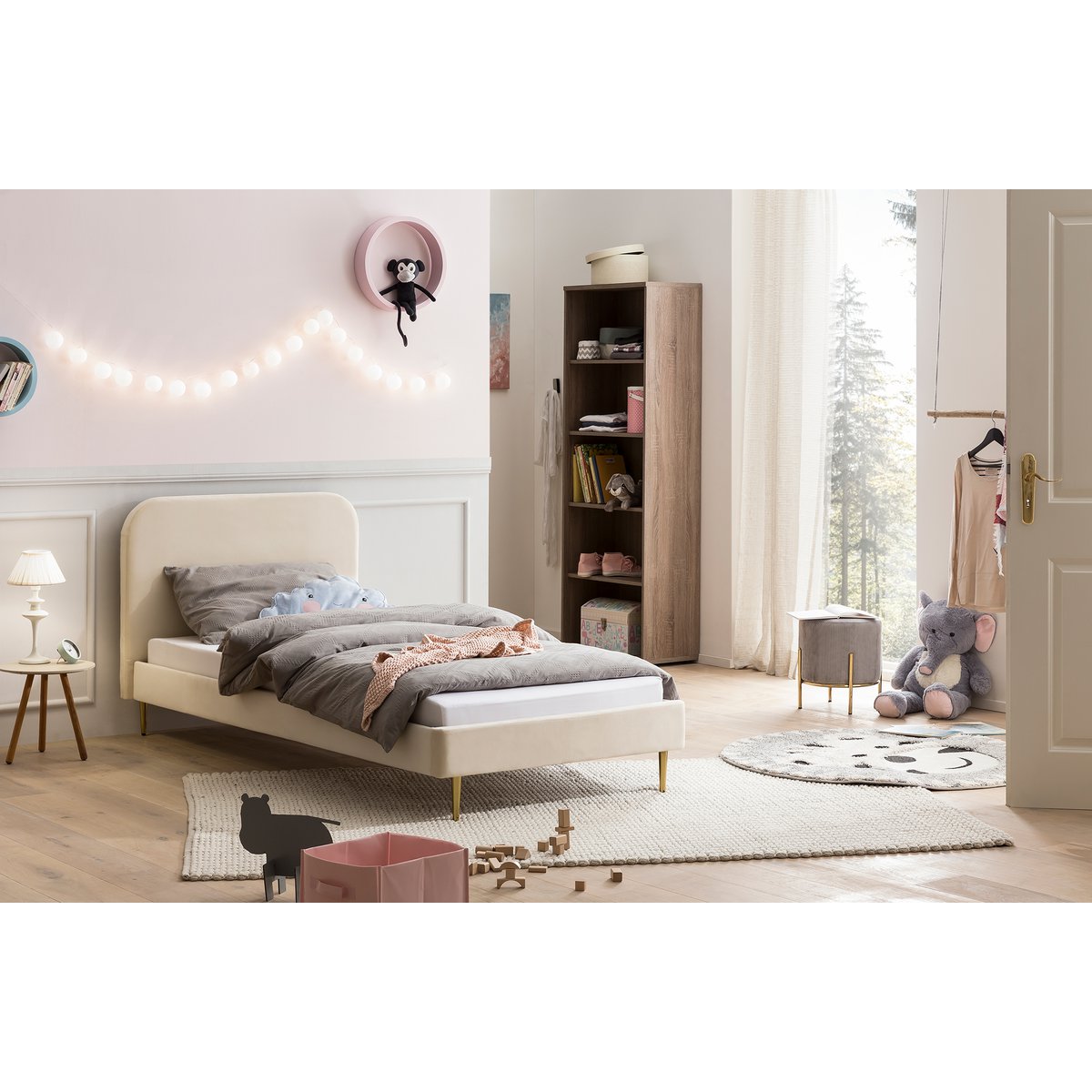 Beige velvet upholstered bed 90×200 cm styled in a bedroom with grey bedding