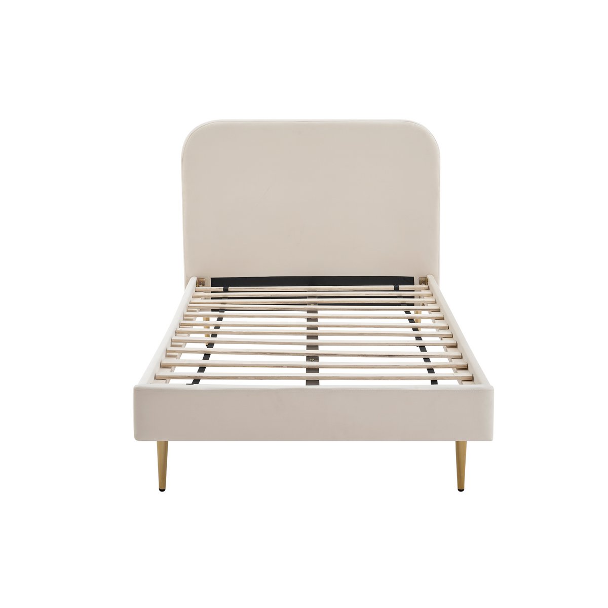 Front view of the beige velvet upholstered bed with slatted frame and gold-painted feet