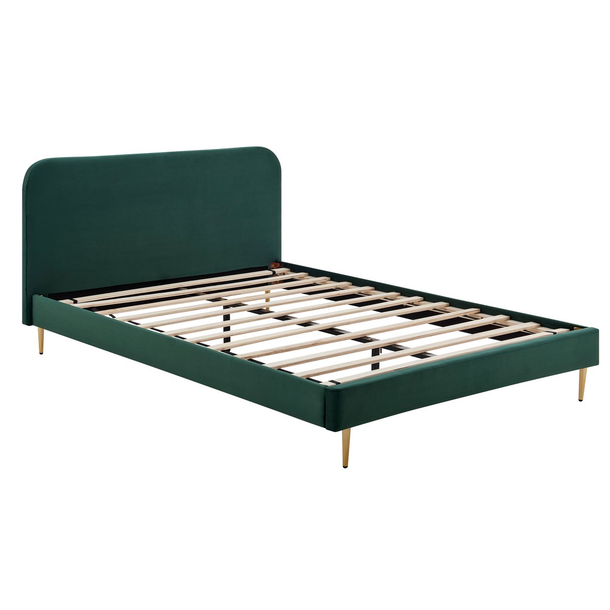 Upholstered bed with green velvet cover and gold-painted steel feet, 140×200 cm, angled view showing the slatted frame