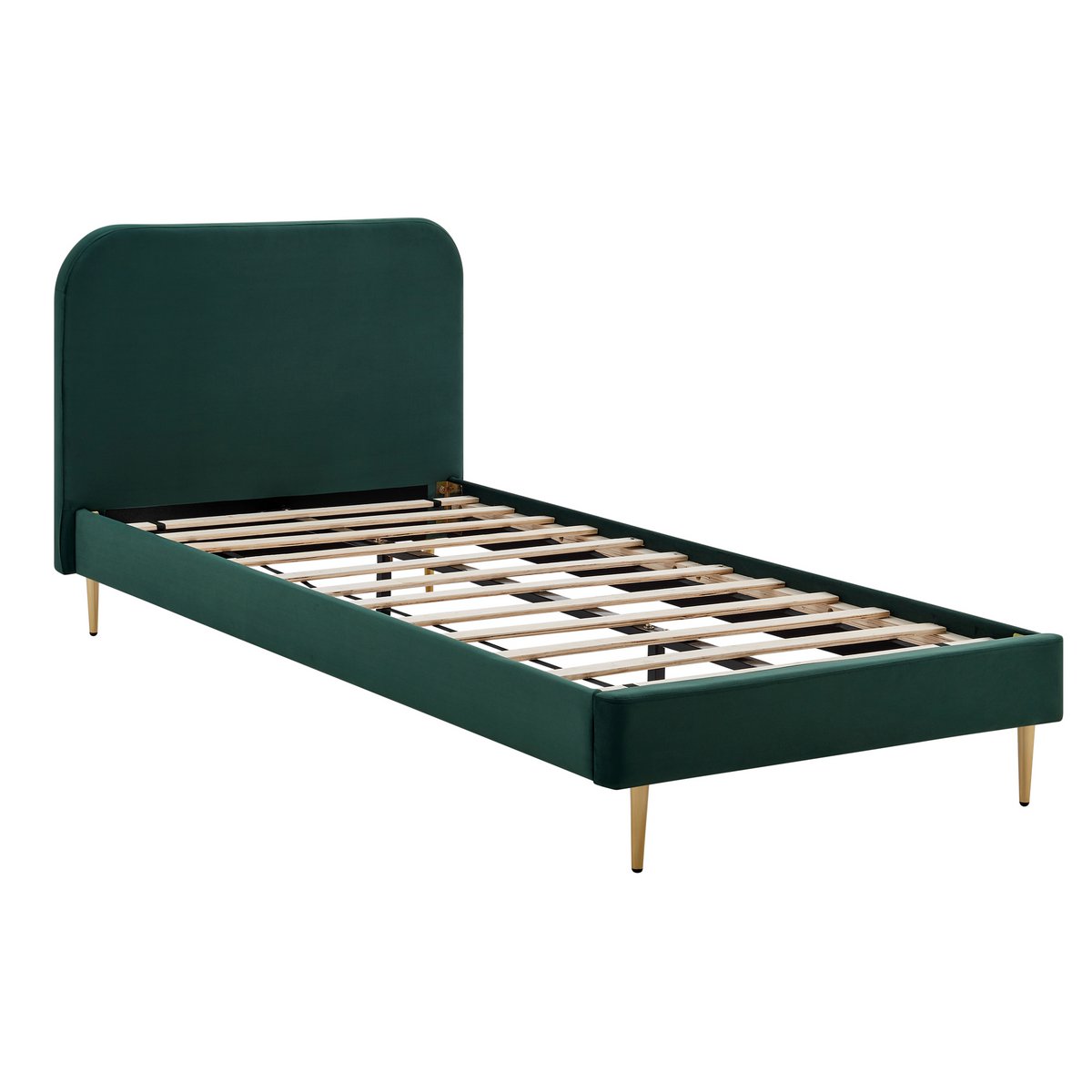 Upholstered bed with green velvet cover and gold-painted steel feet, 90×200 cm, angled view showing the slatted frame