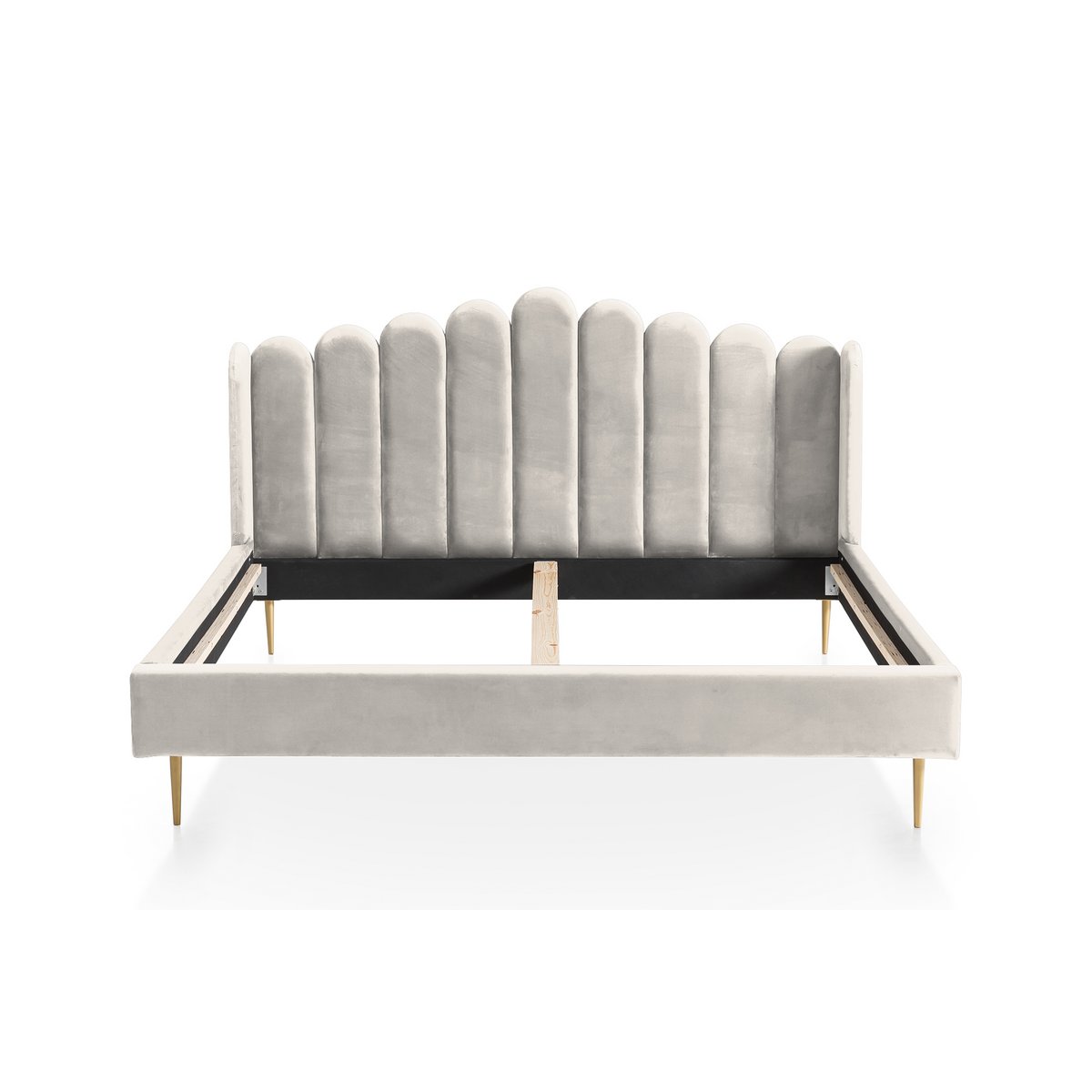 Front view of the beige velvet shell bed with shell-shaped headboard and gold-painted feet