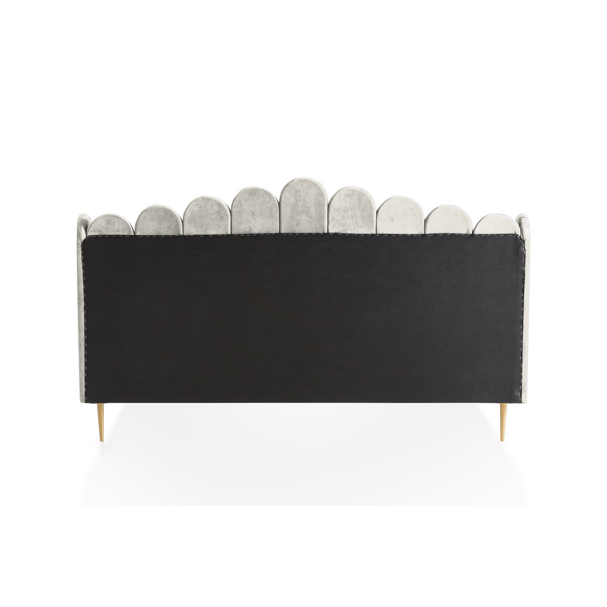 Rear view of the beige velvet shell bed headboard