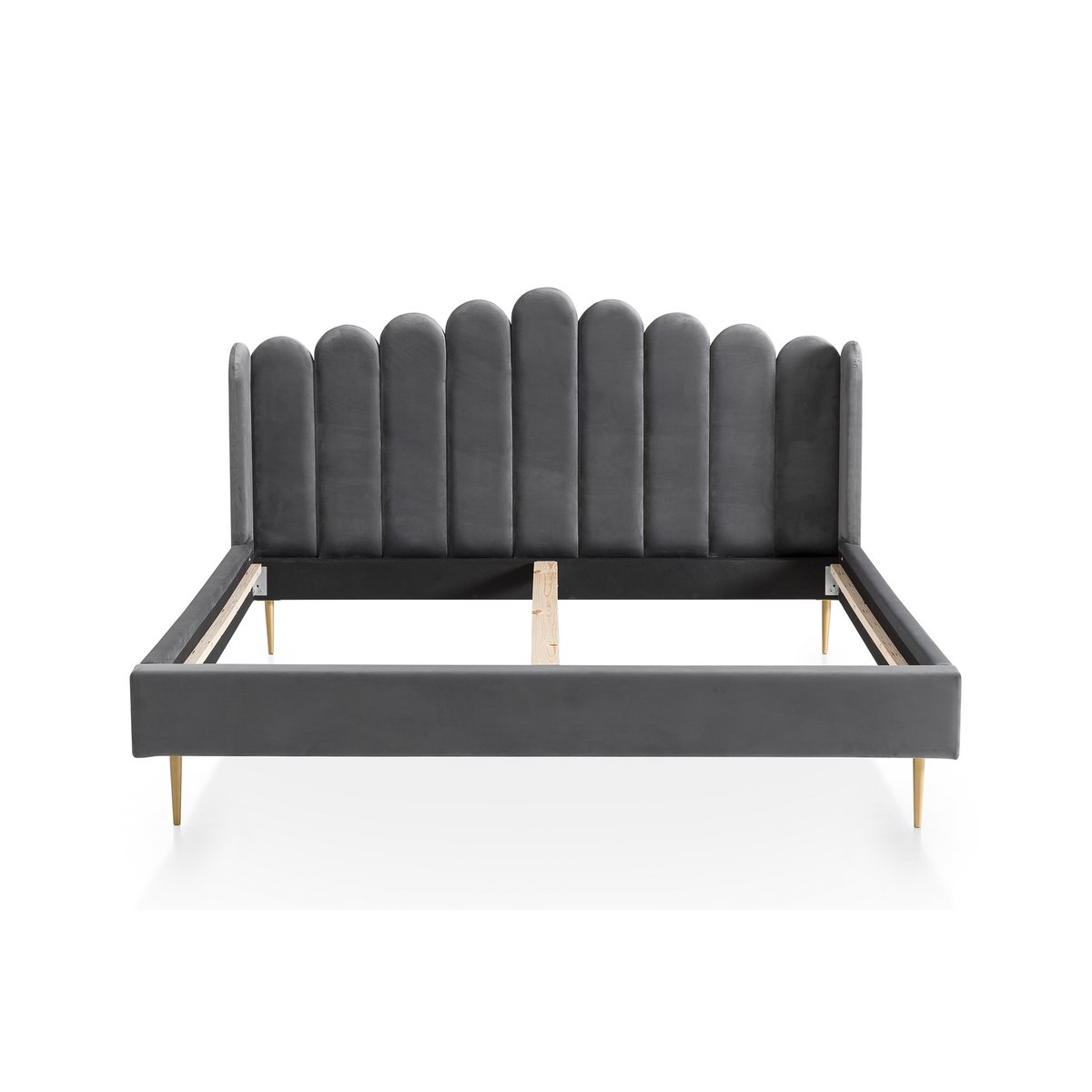 Front view of the grey velvet shell bed with shell-shaped headboard and gold-painted feet
