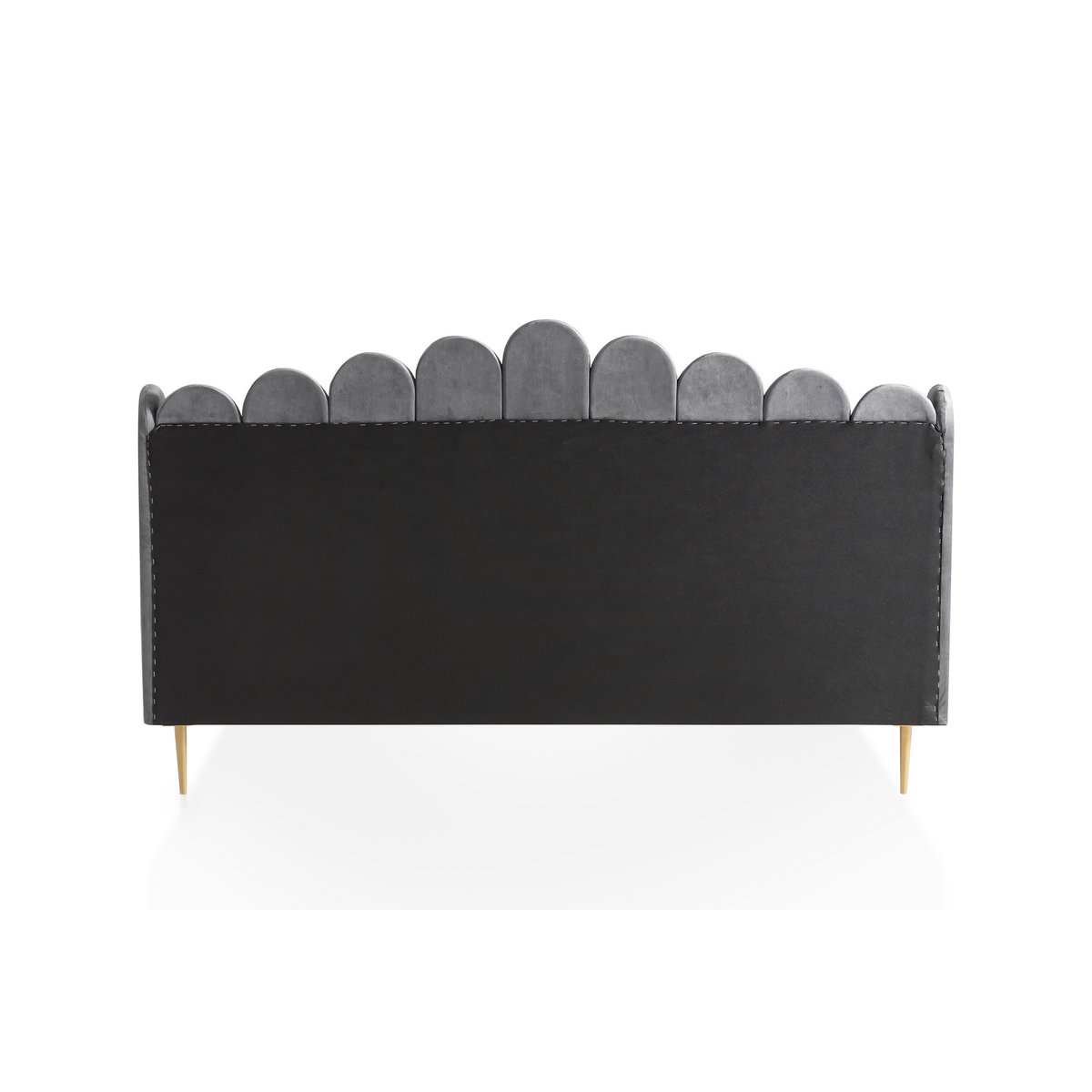 Rear view of the grey velvet shell bed headboard