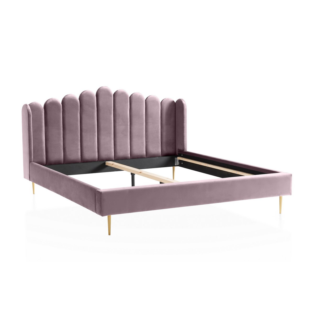 Velvet shell bed in purple, 140×200 cm, angled view of the frame with shell-shaped headboard and gold-painted feet