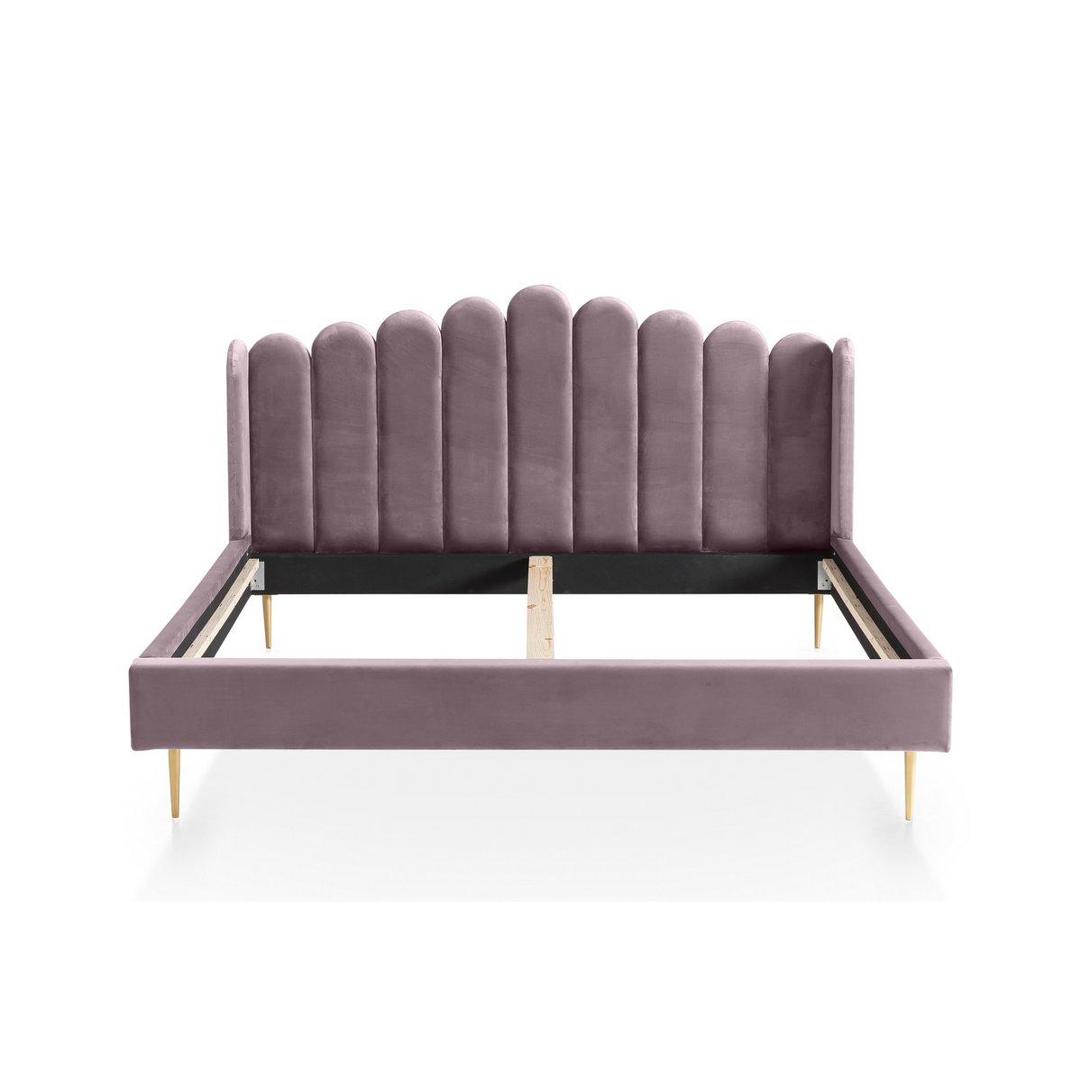 Front view of the purple velvet shell bed with shell-shaped headboard and gold-painted feet